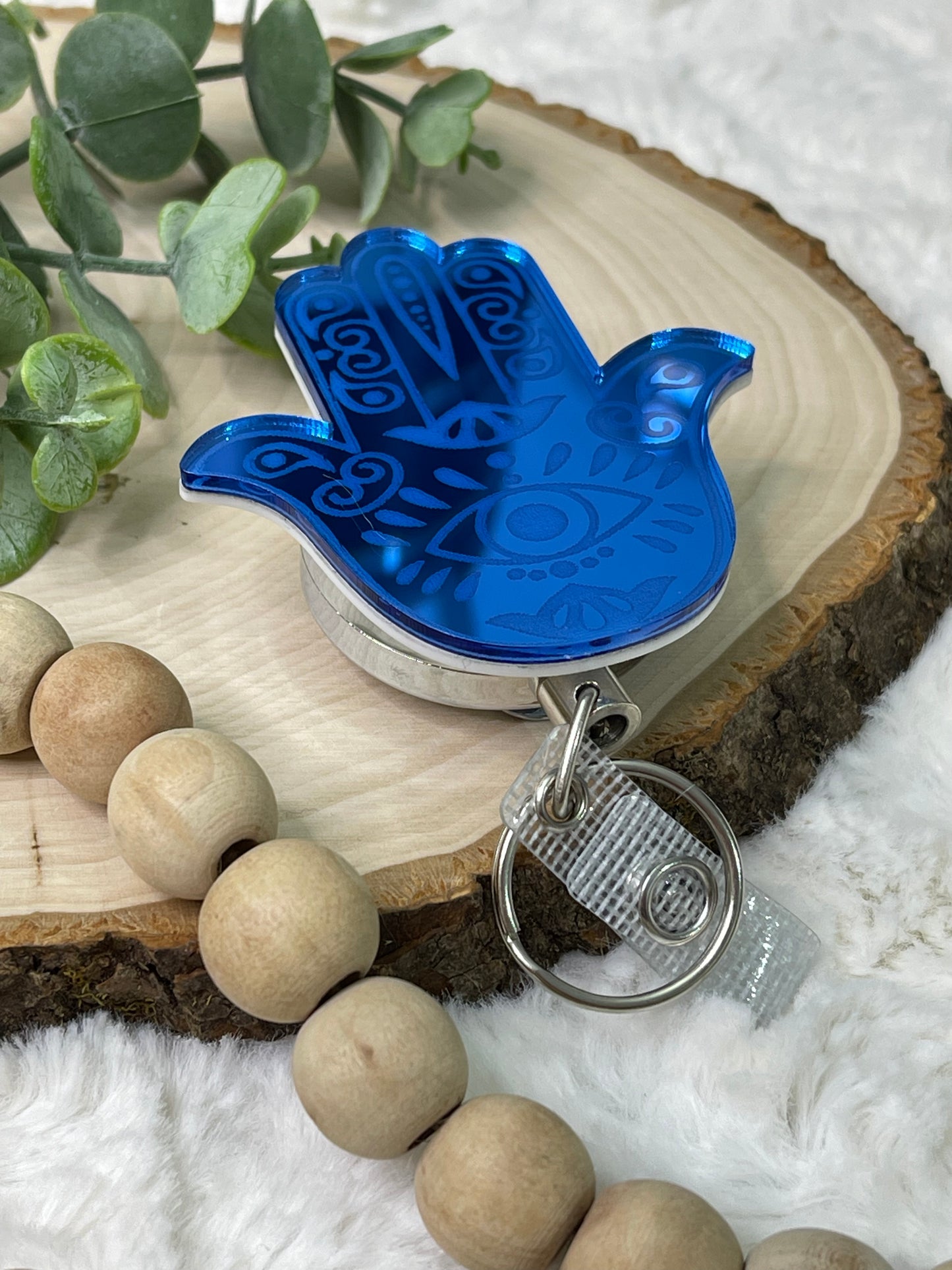 Blue Hamsa Habd Badge Reel - Heavy Duty Metal Reel