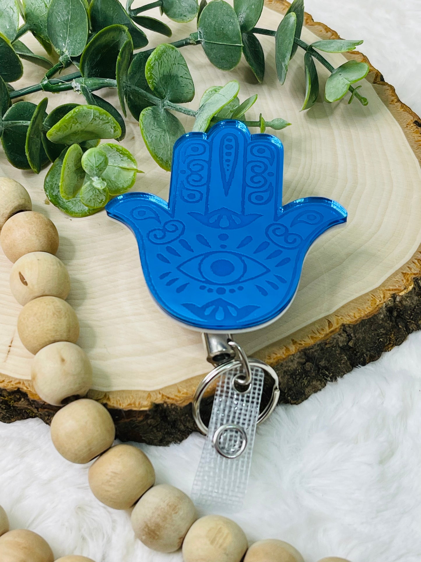 Blue Hamsa Habd Badge Reel - Heavy Duty Metal Reel