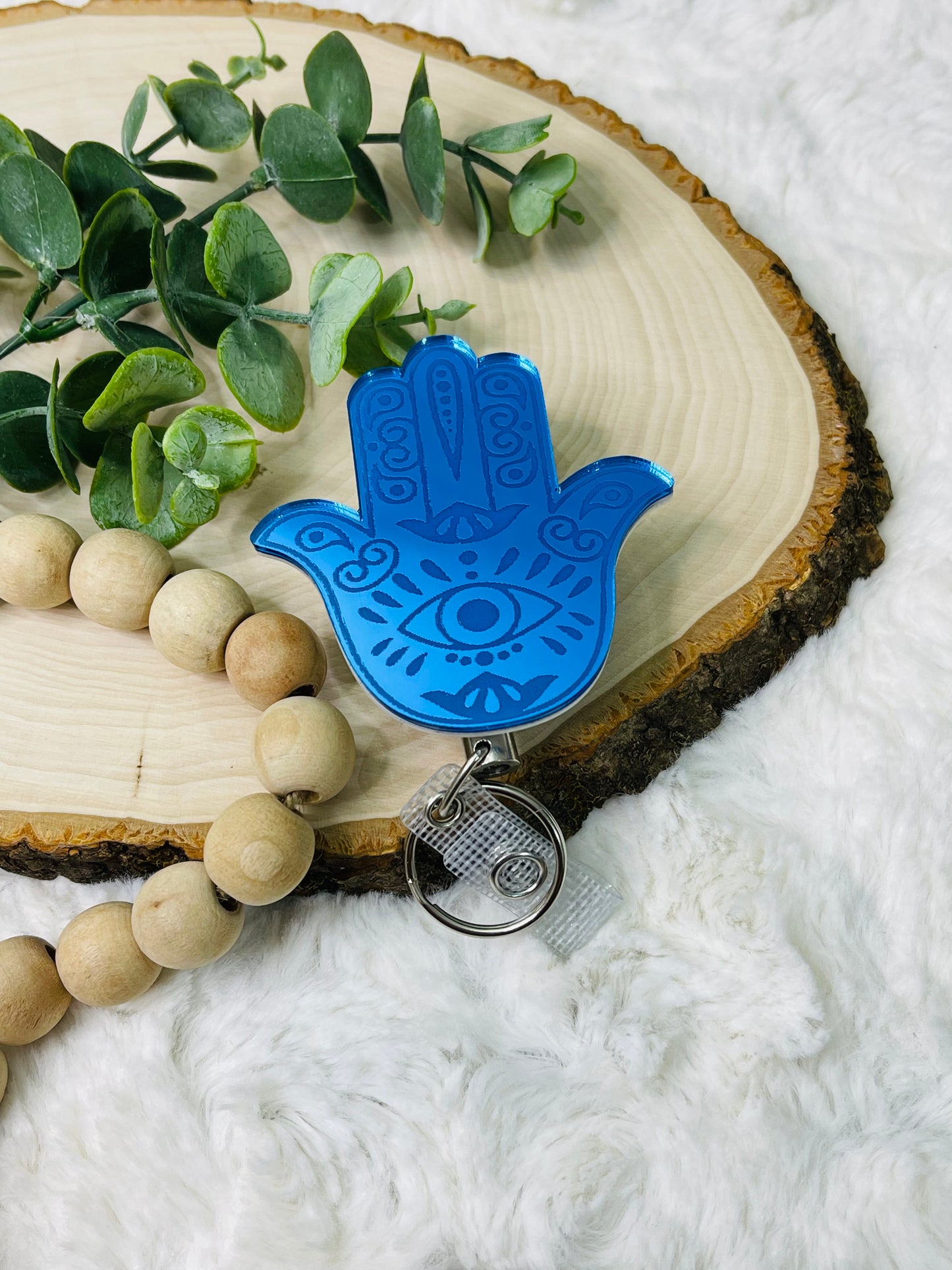 Blue Hamsa Habd Badge Reel - Heavy Duty Metal Reel