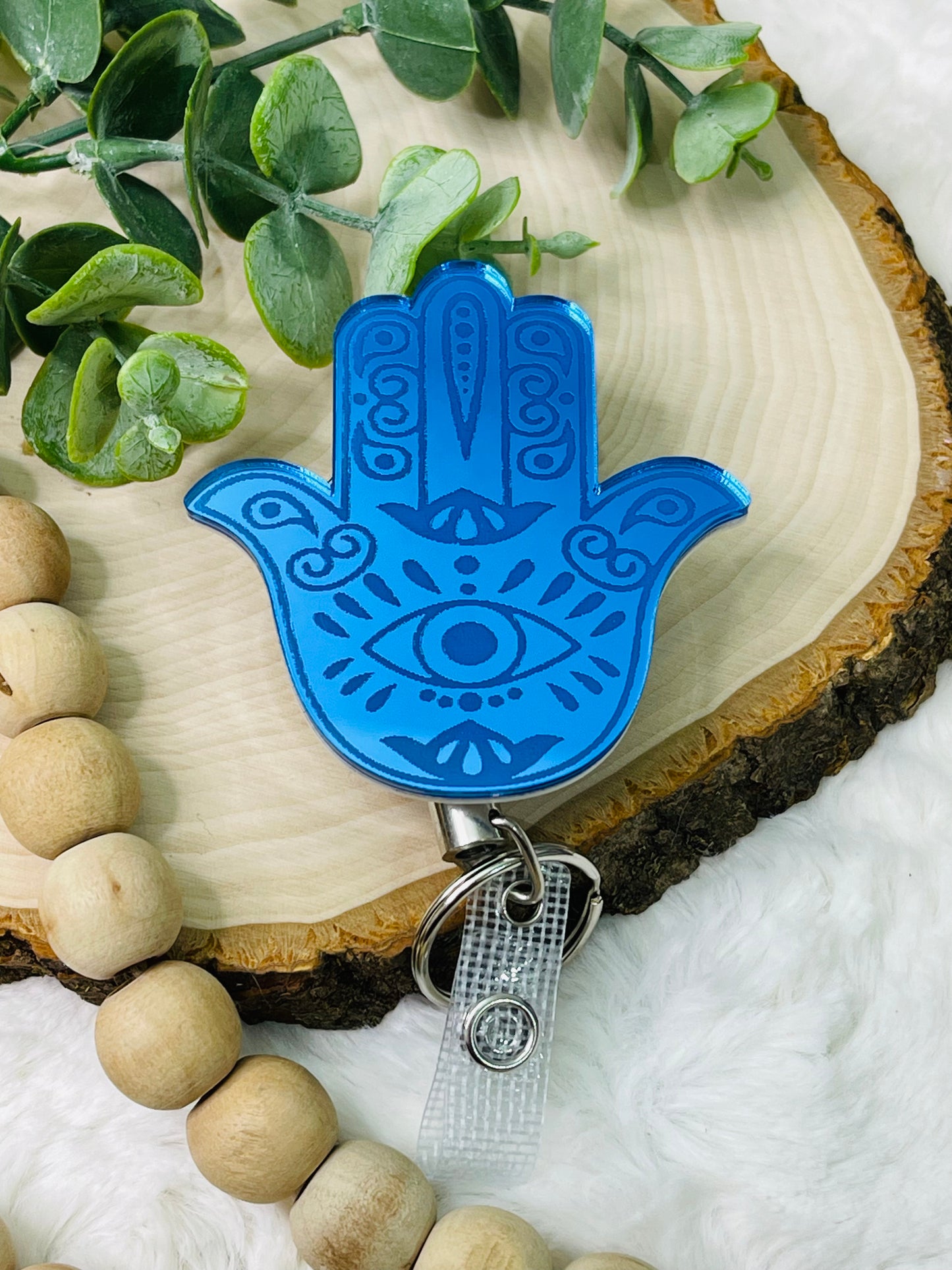 Blue Hamsa Habd Badge Reel - Heavy Duty Metal Reel