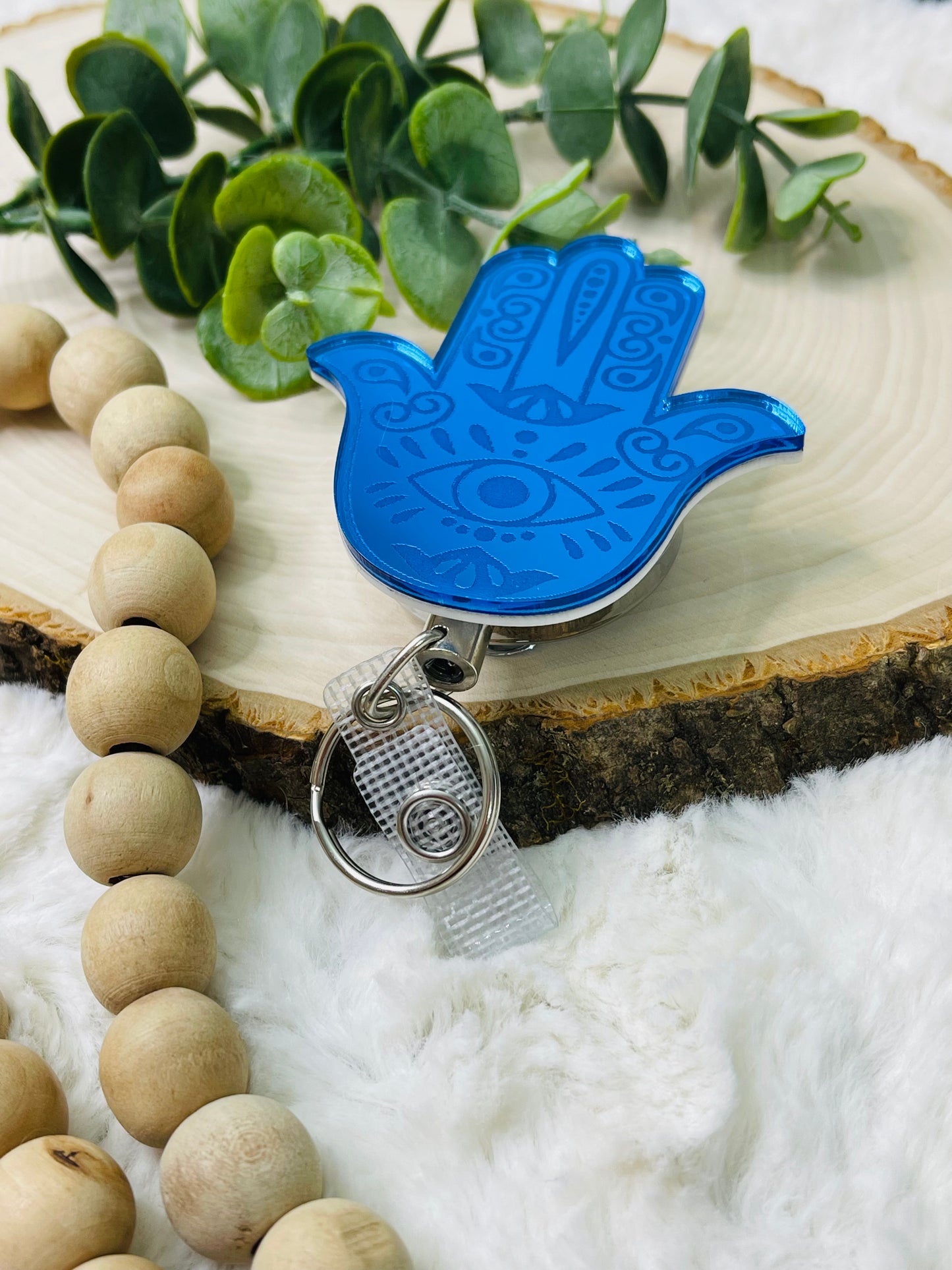 Blue Hamsa Habd Badge Reel - Heavy Duty Metal Reel