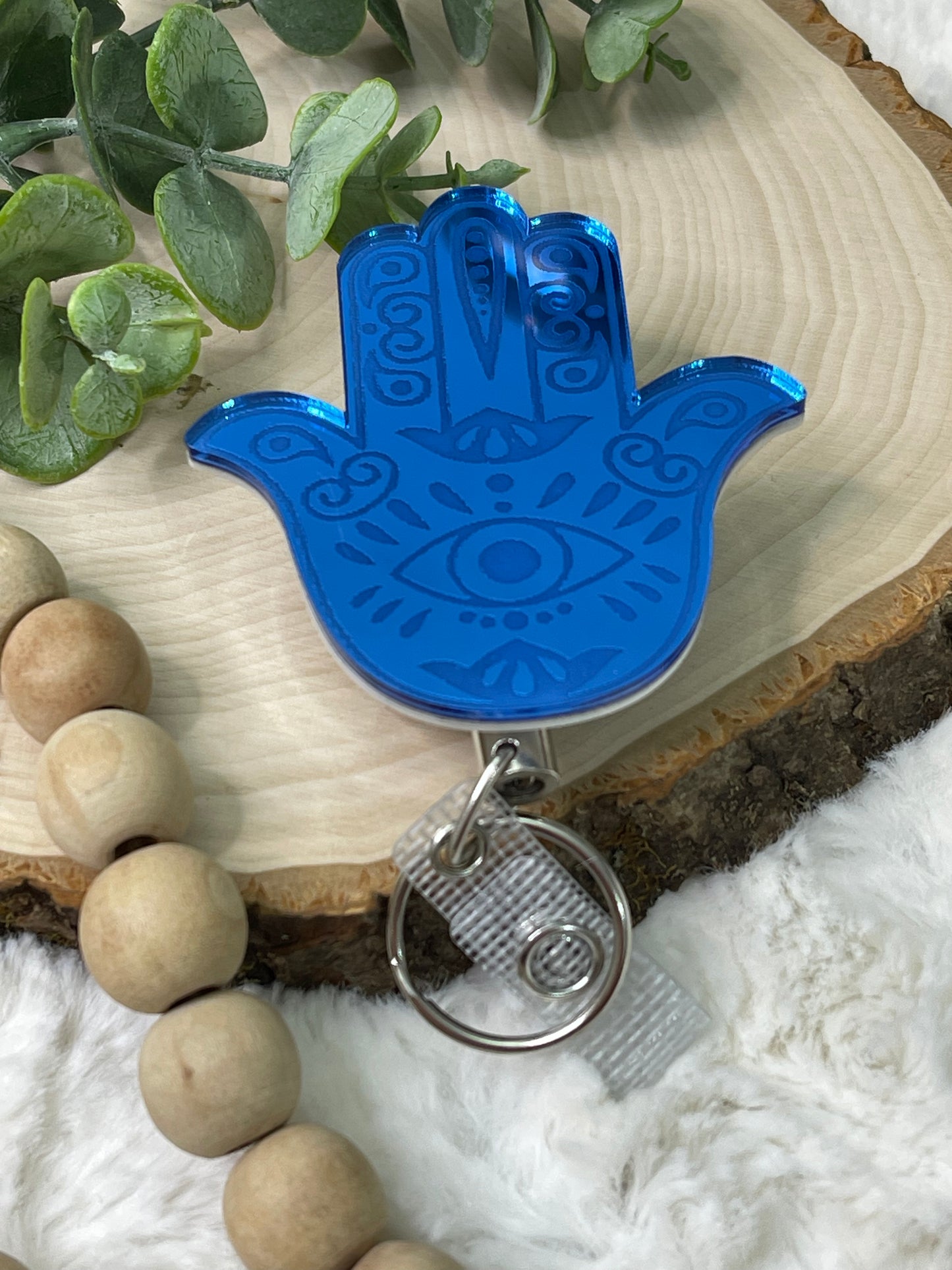 Blue Hamsa Habd Badge Reel - Heavy Duty Metal Reel