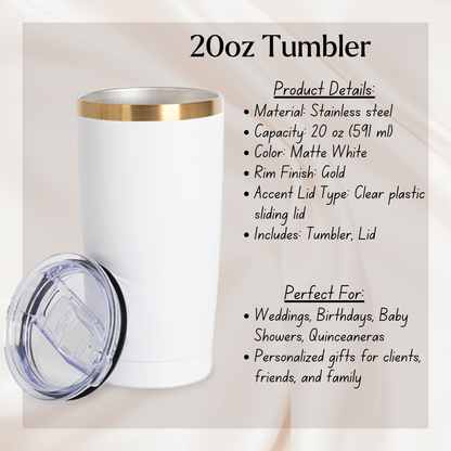 Personalized White & Gold Tumbler with Custom Name and Bow Design