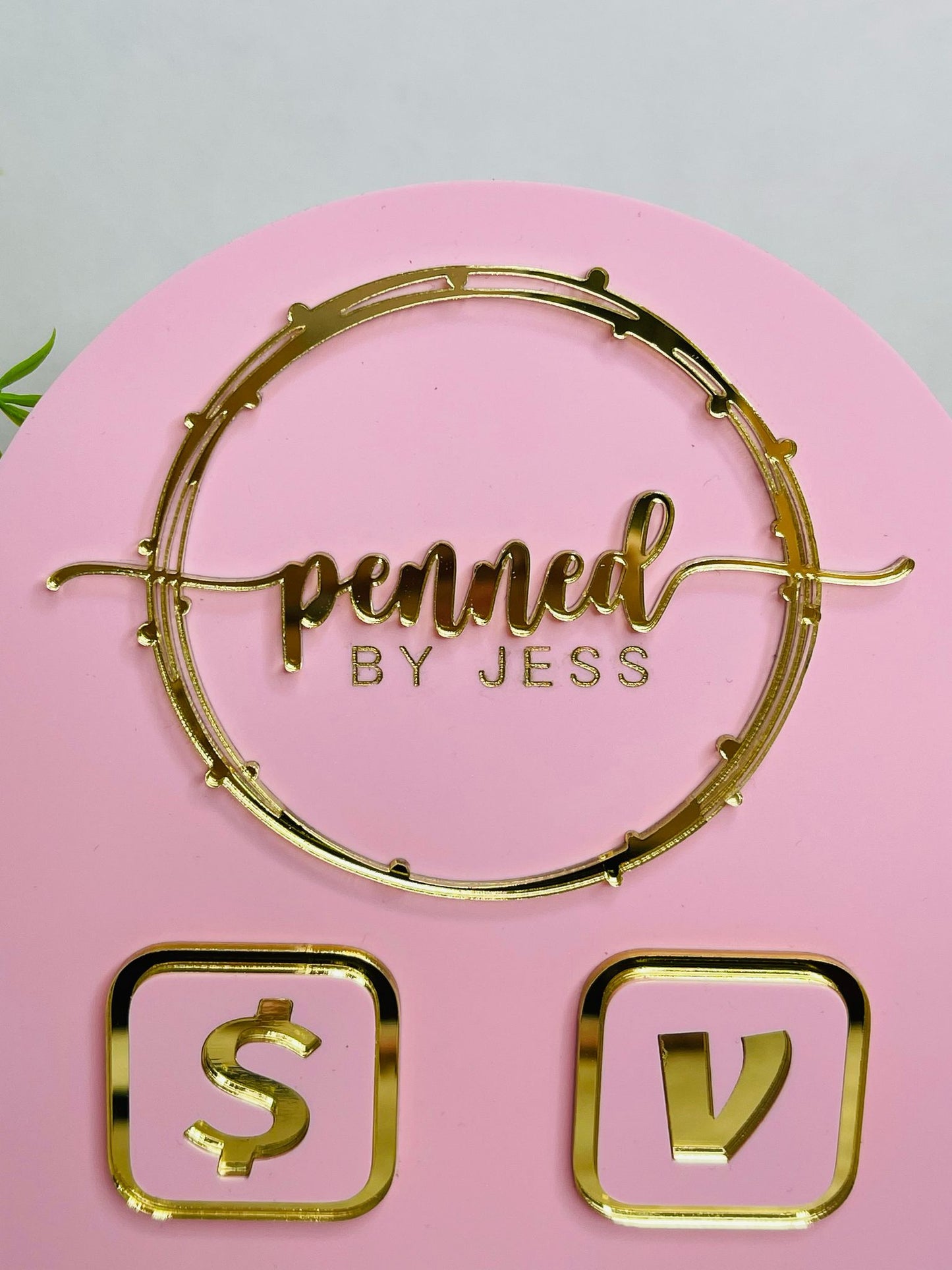 Pink acrylic business sign with gold 3D logo, Venmo & Cash App icons, and "Tap your phone" text on a gold nail base. Perfect for small businesses and vendors - close up view