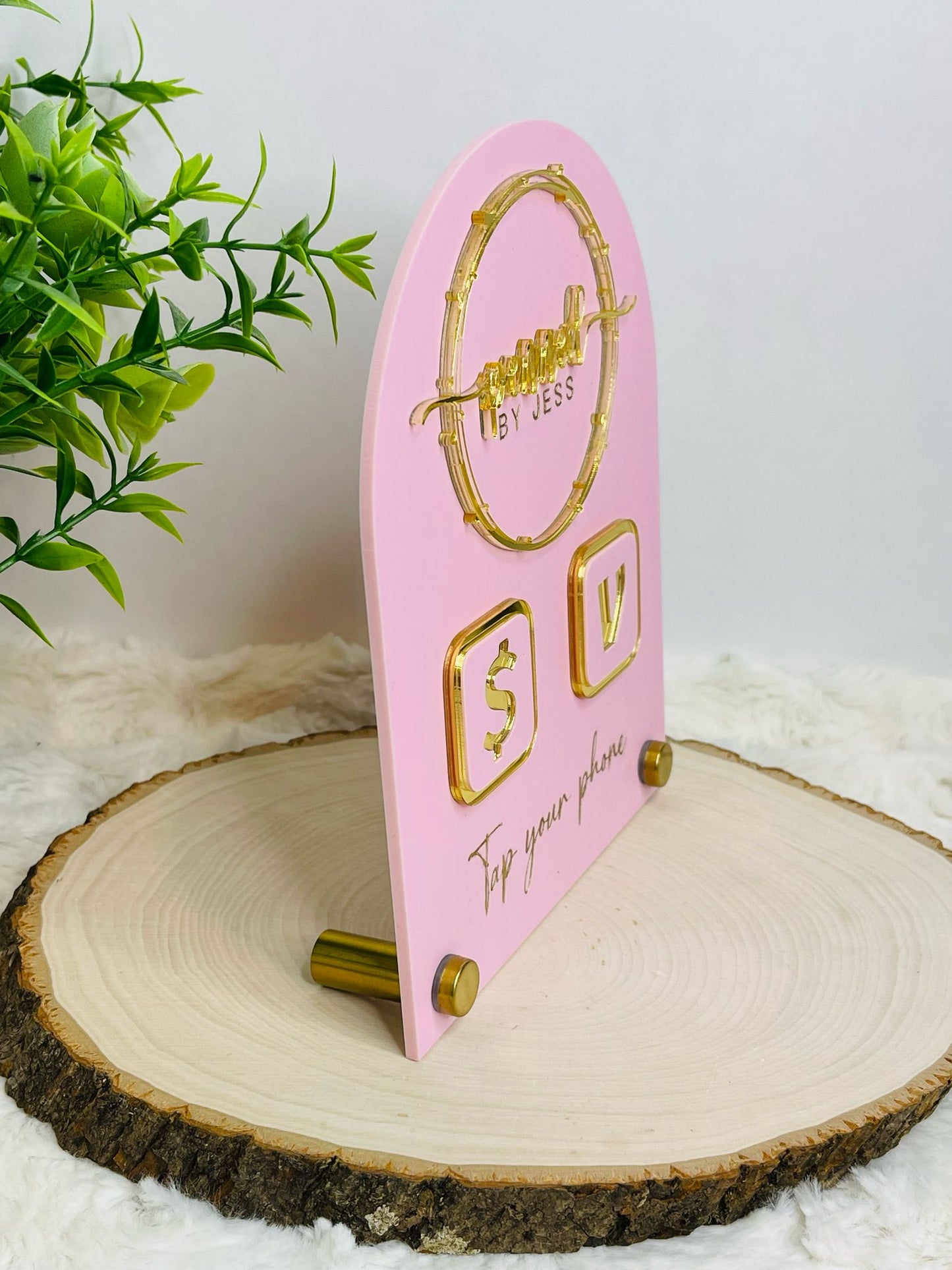 Pink acrylic business sign with gold 3D logo, Venmo & Cash App icons, and "Tap your phone" text on a gold nail base. Perfect for small businesses and vendors. - side view