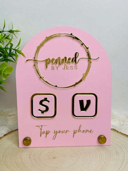 Pink acrylic business sign with gold 3D logo, Venmo & Cash App icons, and "Tap your phone" text on a gold nail base. Perfect for small businesses and vendors.