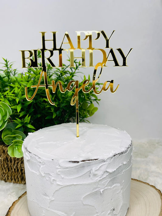 Gold mirror personalized Birthday cake topper 6" wide