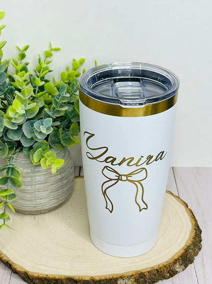 Personalized White & Gold Tumbler with Custom Name and Bow Design