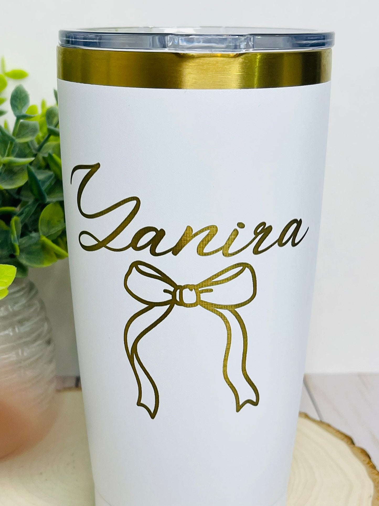 Personalized White & Gold Tumbler with Custom Name and Bow Design