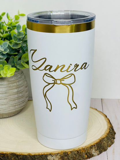 engrave personalized tumbler - white and gold - name and coquette bow