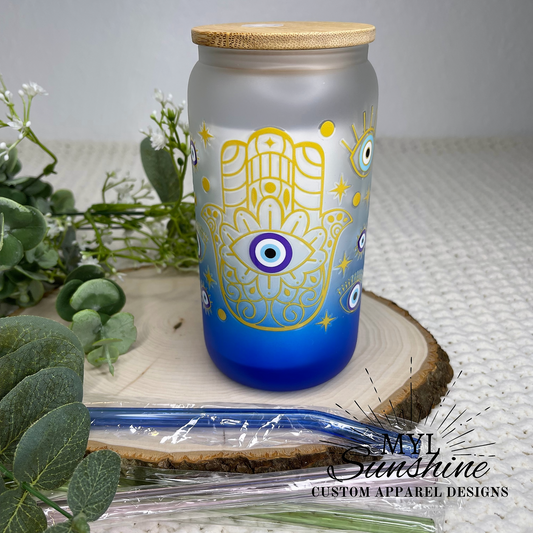 Purple Evil Eye blue gradient can glass - 16 oz